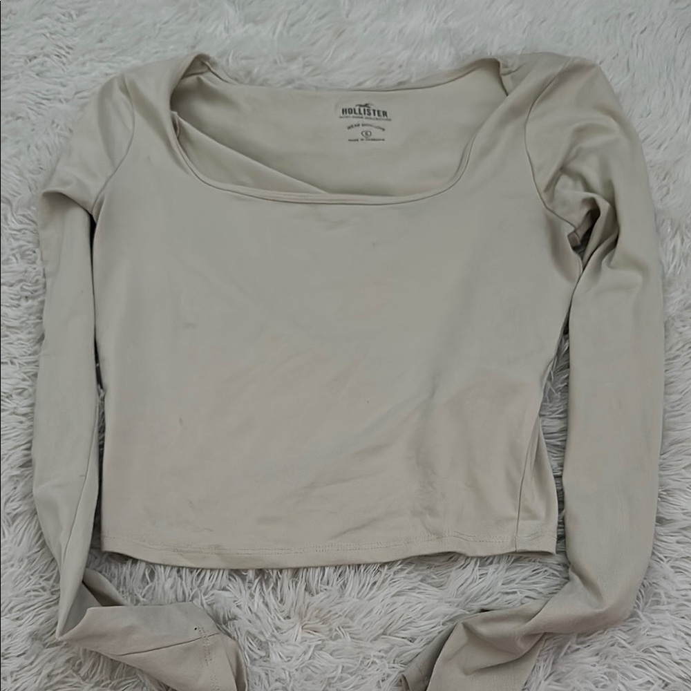 Hollister Cream Long Sleeve Fitted Crop Blouse
